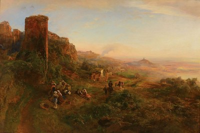 Oswald Achenbach, 1827 Düsseldorf - 1905 ebenda, 1835-41 Studium an der Düsseldorfer Kunstakademie, Abendstimmung in den Albaner Bergen um 1890, ...