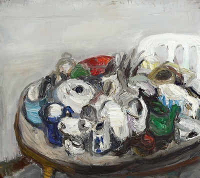 Klaus Fußmann, geb. 1938, "Tisch, 94" Stillleben mit Gefäßen, Öl/Papier, oben am Bildrand signiert und dat. (19)94, ca. 76 x 85cm, ...