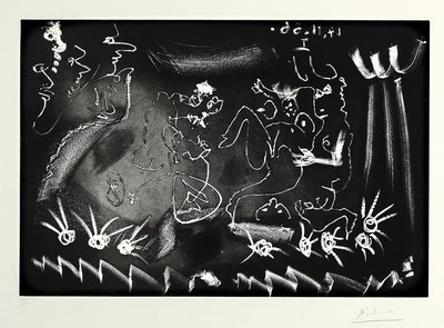 Pablo Picasso, 1881 - 1973, Aquatinta- und Kaltnadelradierung auf BFK Rives-Papier mit Wasserzeichen, Titel: "Au Theatre" aus der Suite ...