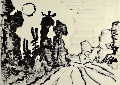 Karl Schmidt-Rottluff, 1884 - 1976, Tusche auf Velin, Landschaft mit Bäumen, li. u. mit Tusche handsigniert und mit Bleistift mit Werknummer 6323 ...