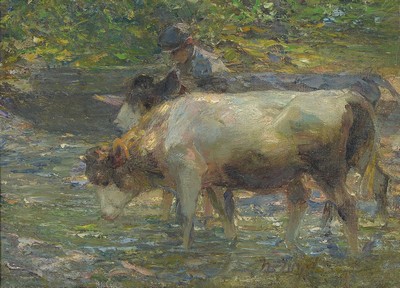 Heinrich von Zügel, 1850 Murrhardt - 1941 München, Hütejunge mit zwei Kühen am Bach, typ. frühe Altrheinlandschaft bei Wörth, um 1900, starke ...