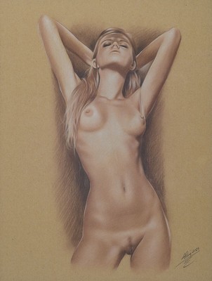 Denis Prenzel, geb. 1971, Pastellzeichnung auf dickem Papier, handsigniert, datiert 2021, "Pia", ca. 30 x 40 cm, der Künstler wurde in ...