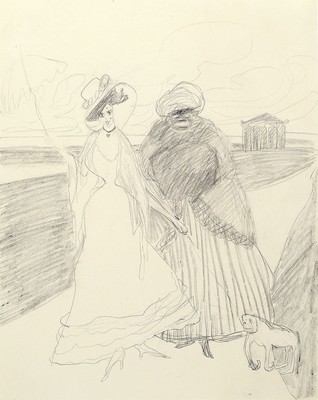Lyonel Feininger, 1871 - 1956,, zwei Bleistiftzeichnungen auf Papier um 1907, Dame mit Dienerin und kleinem Affen an der Promenade unsigniert, 32 x ...