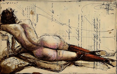 Andreas Noßmann, geb. 1962, Federzeichnung, Aquarell und Farbstift auf antikem Papier, handsigniert, datiert, betitelt "Separee", ...