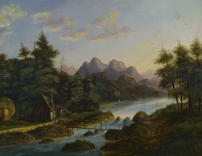 Spätromantiker, deutsch, um 1870-80, Landschaft mit Wehr und Hütte, im Hintergrund Berge, Öl/Lwd, rechts unten unleserlich signiert, rest., stark ...