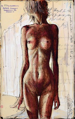 Andreas Noßmann, geb. 1962, Federzeichnung, Aquarell und Farbstift auf antikem Papier, handsigniert, datiert, betitelt "Lang gestreckter Akt in ...