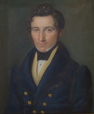 Unbekannter Künstler des Biedermeier, deutsch, um 1830, Porträt eines Mannes im blauen Rock, Pastell auf Papier, ca. 48x41cm, u.Gl., R. ca. ...