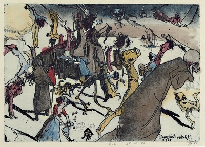 Horst Janssen, 1929 - 1995, Aquarell über Radierung auf Japanbütten, re. u. handsigniert, datiert (19)86, 24.5 x 32.5 cm, unter, Glas, Rahmen: 36 x ...