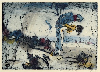 Horst Janssen, 1929 - 1995, Aquarell über Radierung auf Japanbütten, re. u. handsigniert, datiert (19)86, 24.5 x 32.5 cm, unter, Glas, Rahmen: 36 x ...