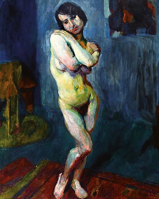 Hans Purrmann, 1880 Speyer - München 1966, stehender Frauenakt, Öl/Lwd, signiert, aus 1914, früher expressiver Akt mit verschränkten Armen, ...