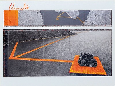 Christo, 1935 -2020, Lot aus zwei Teilen, a. Multiple "Floating PIers", handsigniert, Rahmen 53 x 43 cm, dazu b. original Stoffstück aus ...