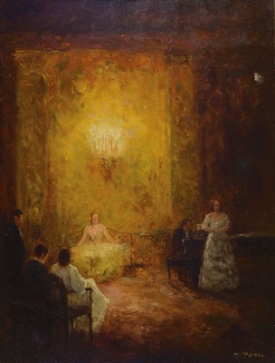 Otto Pippel, 1878 Lodz - 1960 Planegg, Hauskonzert, um 1930/40 entstanden, Pianist mit zwei Sängerinnen u. kleinem Publikum, meisterliche ...