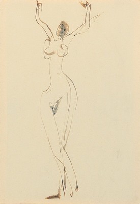 Ernst Ludwig Kirchner, 1880 - 1938, zwei lavierte Tuschezeichnungen auf chamoisfarbenem Velin (Vorder- und Rückseite) a. tanzender weiblicher Akt, ...