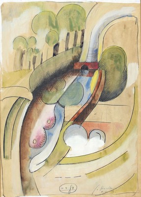 Gizela Hudler, geb. 1934 Bydgoszcz (Polen), Lübecker Künstlerin, Schülerin von Alfred Mahlau (1894-1967); abstrakt-Surrealistische Landschaft, ...