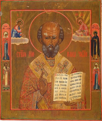 Ikone, Russland, 2. Hälfte 19. Jh., Hl. Nikolaus, Tempera auf Holz, Goldgrund gewaschen, vier Randheilige, darüber Christus und Maria, ca. ...