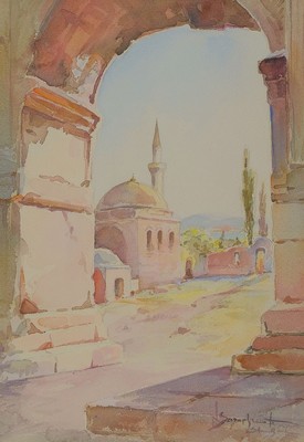 Nikolai Saraphanoff, Maler des 19./20. Jh., 3 Ansichten aus Istanbul, Aquarell auf Papier, alle signiert, je ca. 41x28cm, PP, u.Gl., R. ca. 61x46cm