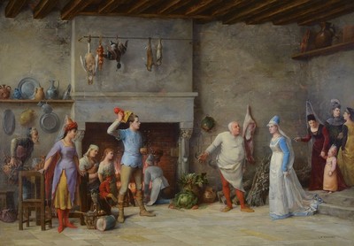 Lucien Francois Regnart, frz. Maler des ausgehenden 19. Jh., vielfiguriges Kücheninterieur, der Koch stellt eine junge Frau einem jungen Mann vor, ...