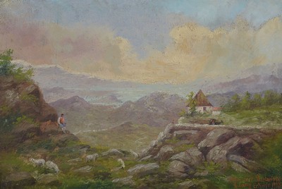 Richard Lang, auch Lang-Heilbronn, 1861-1963, Belvedere Skutarisee Cetinje, so rechts unten betitelt, signiert und dat. 1918, Öl/Lwd, rest., ca. ...