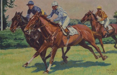 Moritz Veit, 1867 Mainz-1958, Studium an der Akademie München, hier: Beim Pferderennen, Öl/Lwd, rest., rechts unten signiert und dat. 1918, ca. ...