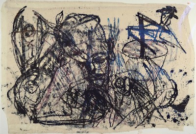 Martin Disler, 1949-1996, Ohne Titel, Mischtechnik auf dünnem Papier, signiert und dat. 1989, Ränder ungleich und geknickt, ca. 52x77cm