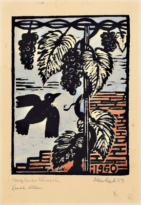 Erich Heckel, 1883-1970, Jahresblatt 1960, kolorierter Holzschnitt, signiert und dat. 59, handschriftl. Widmung, ca. 18x13cm, PP, u.Gl., R. ca. ...