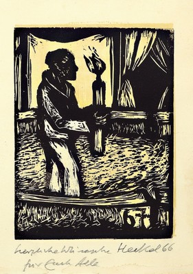 Erich Heckel, 1883-1970, Jahresblatt 1967, Holzschnitt, signiert und dat. 66, 59, handschriftl. Widmung, ca. 18x14cm, PP, u.Gl., R. ca. 43x33cm