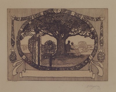 Heinrich Vogeler, 1872-1942, Worpswede, Radierung von 1904, Tod bricht Rosen - Liebespaar und Tod, handsigniert , ca. 11x15cm, PP, u.Gl., R. ca. ...