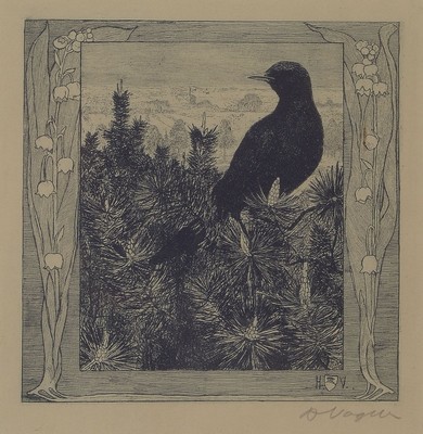 Heinrich Vogeler, 1872-1942, Worpswede, Die Amsel, Radierung von 1899, handsigniert, ca. 14x14cm, PP, u.Gl., R. ca. 40x30cm