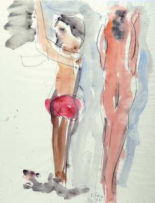 Reinhard Lange, 1938 Hameln-2017, 2 Figuren, Gouache auf Papier, signiert und dat. 87, ca. 62x48cm, u.Gl., R. ca. 74x54cm