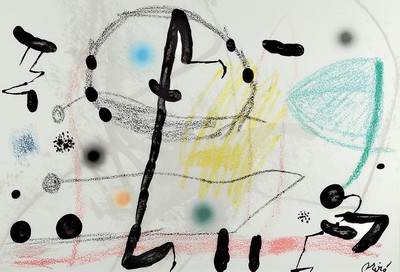 Joan Miro, 1893-1983, Maravillas, doppelblattgröße Farblithographie mit Bugfalte, von 1975, zu Texten von Rafael Alberti, ca. 40.5x70cm, u.Gl., R. ...