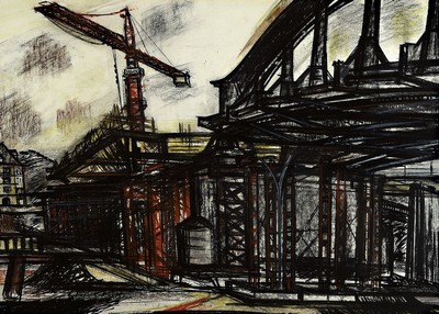 Elisabeth Bieneck-Roos, geb. 1925, große Brückenbaustelle, Tusche, Kohle und Wachsstift auf Papier, links unten signiert, ca. 59x82cm, PP, u.Gl., ...