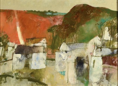 Milos Posar, 1924-2007, Landschaft mit Häusern, Öl/Hartfaser, rechts unten signiert und dat. 80, ca. 50x70cm, R. ca. 54x74cm