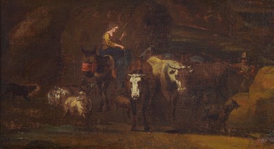Zuschreibung: Pieter van Bloemen, 1657-1720, 2 Pendants: Landschaft mit Kühen, Ziegen und Schafen, das Hütemädchen rechts ist an einen Felsen ...
