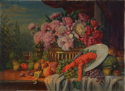 Wilhelm Hersing, geb. 1862, Üppiges Stillleben mit Hummer, Blumen und Obst, Öl/Lwd, links unten signiert, ca. 75x105cm