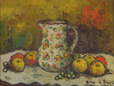 Robert Le Berger, 1905-1972, Stillleben mit Kanne und Äpfeln, Öl/Lwd, signiert, rückseitig nochmals signiert, dat. 1962 und bez.: Nature morte, ...