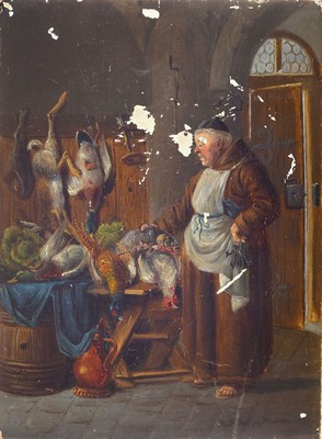 Moritz Müller jun., 1868 München-1934 Lausa, Mönch in der Klosterküche beim Begutachten des Wildbrets, Öl/Holz, rechts unten signiert und bez.: ...