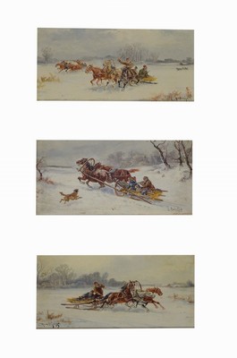 L. Andrejeff, Künstler um 1890, drei zusammengehörige Bilder, Schlittenfahrten: "vom Hunger getrieben" u. "Eine unheimliche ...