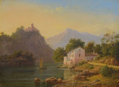 Prof. Frederik Kiaerskou, 1805 Kopenhagen - 1891 ebenda, Tiroler Gebirgssee, im Hintergrund Burgruine und Mühle, feine Tonigkeit in den Blau- und ...