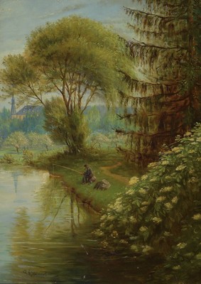 Adolf Rheinert, 1879 Düsseldorf - 1958, Angler am Fluss zur Zeit der Holunderblüte mit Blick auf das Kloster Kamp, Öl/Holz, li. unten signiert, ...
