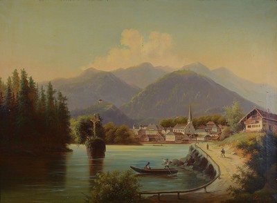 Bergmann, Künstler der 2.Hälfte des 19.Jh., Mittelgebirgslandschaft am See, wohl Region Salzkammergut, vordergründig markanter Kreuzstein im See, ...