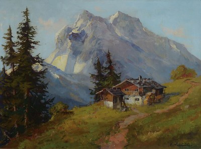 Adolf Schlüter, geb. 1890 in Neuss, Almhütte wohl vor dem wilden Kaiser, sonnige Alpinlandschaft, lockerer Duktus, gekonnte Farbdifferenzierung vor ...