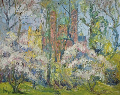 Georg Günter Zeuner, 1923 Dresden - 2011 Speyer, Blick durch blühende Bäume auf den Dom zu Speyer, rückseitig betitelt: Frühling im Dompark, ...
