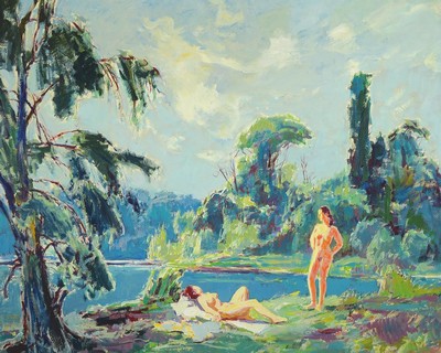 Karl Graf, 1902-1986 Speyer, Badende, Öl/Malkarton, rechts unten signiert, ca. ca. 69x85cm, R. ca. 76x93cm