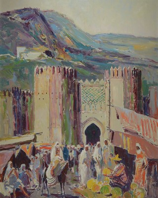 Karl Graf, 1902-1986 Speyer, Ansicht aus Rabat/Marokko, ständiger Markt, Öl/Hartfaser, rechts unten signiert, verso auf altem Etikettbez., ca. ...