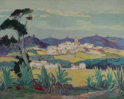 Karl Graf, 1902-1986 Speyer, Landschaft im Süden, vorne Mann mit Esel, im Hintergrund Windmühlen, Öl/Malkarton, signiert, ca. 70x85cm
