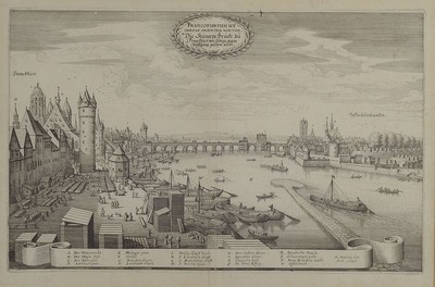 Matthäus Merian, Ansicht von Frankfurth, "Die steinerne Brücke zu Franckfurt..", Kupferstich, Bugfalte, l. Altersspuren, ca. Abb. 21 x 34 ...