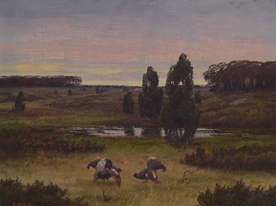 August Mötsch, 1869 Düsseldorf - 1952, Morgenstimmung mit balzenden Auerhähnen, Öl/Lwd, li. u. signiert, ca. 30 x 40 cm Rahmen