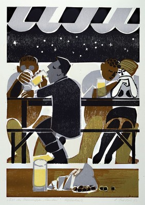 Heinz Friedrich, 1924-2018 Schwetzingen, Farbholzschnitt von 1973, Fest des Federweißen , handsign., betitelt, bez. Probedruck, ca. 63x43 cm, unter ...