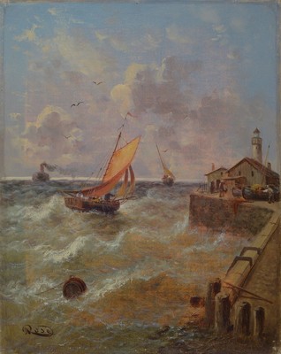 Rose, Maler um 1900, Fischerboot auf stürmischer See vor dem Hafen, Öl/Lwd, links unten signiert, ca. 40x31cm