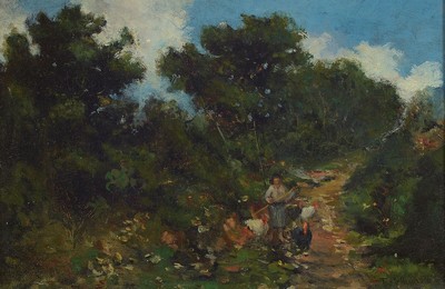 Tito Pellicciotti, 1872-1950, Bäuerin mit Federvieh auf einem Feldweg, Öl/Lwd, rest., rechts unten signiert, ca. 21x33cm, R. ca. 33x42cm